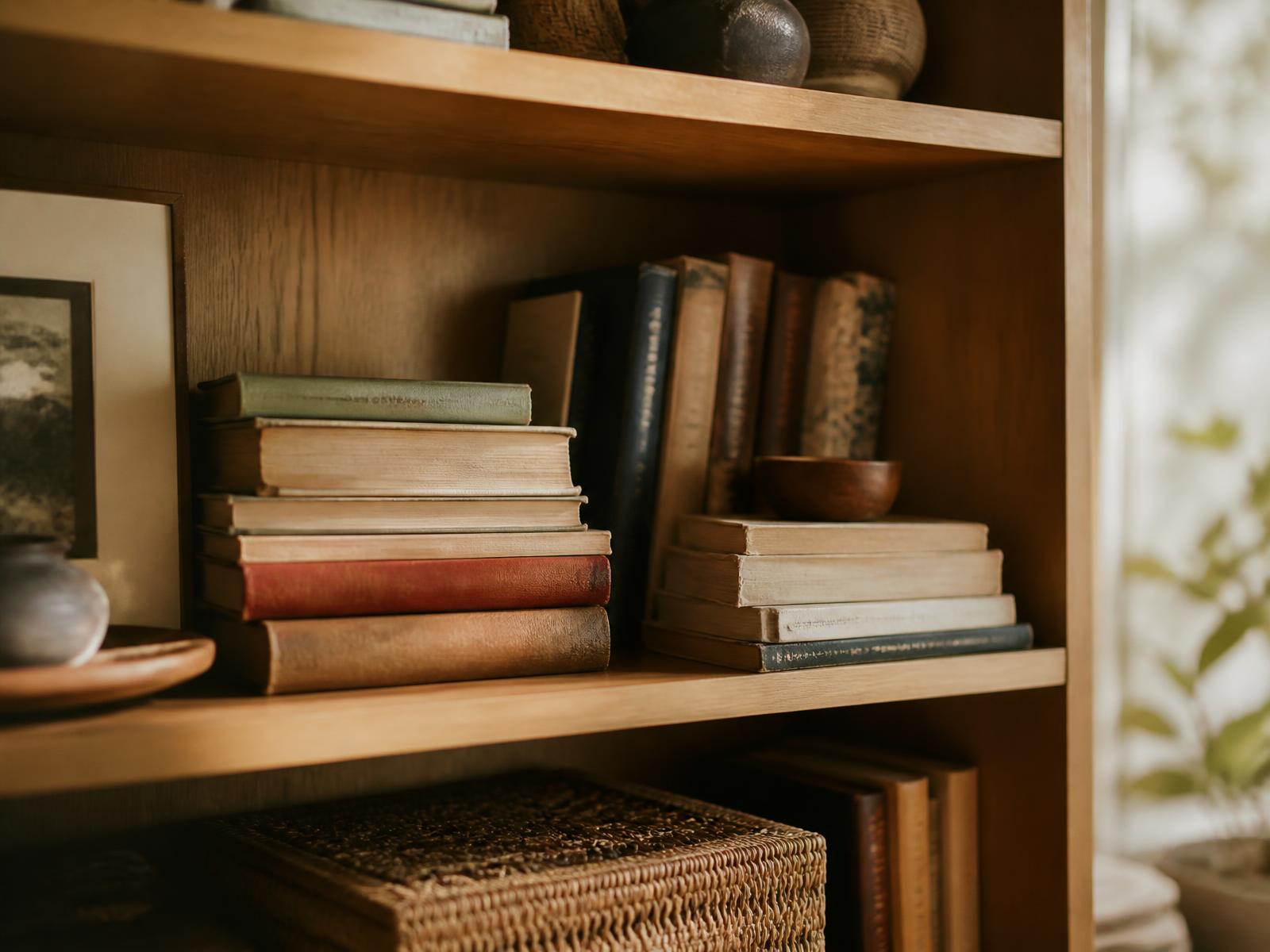 Rak kayu berisi buku-buku koleksi pribadi yang tertata hangat